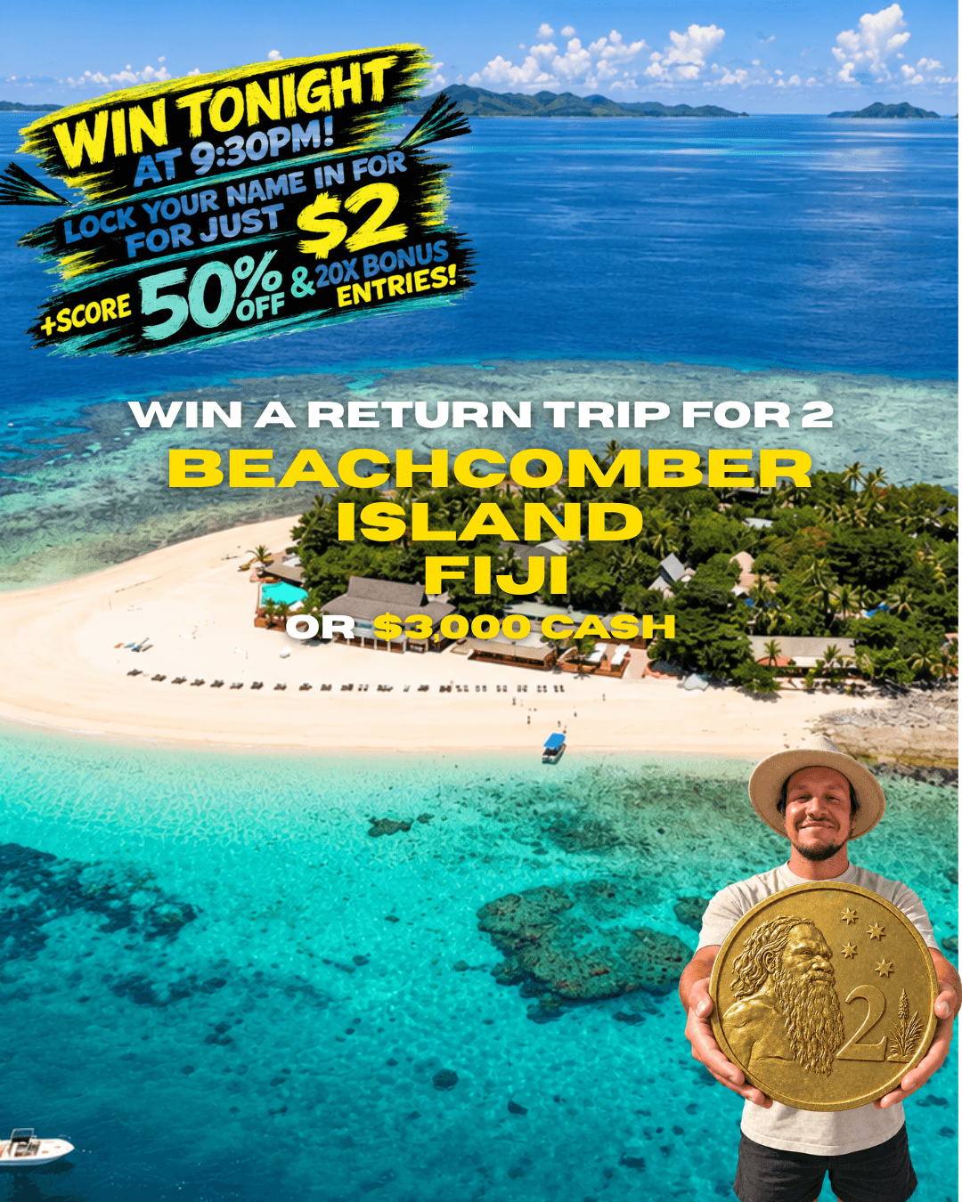 RETURN TRIP FOR 2 TO FIJI OR $3,000