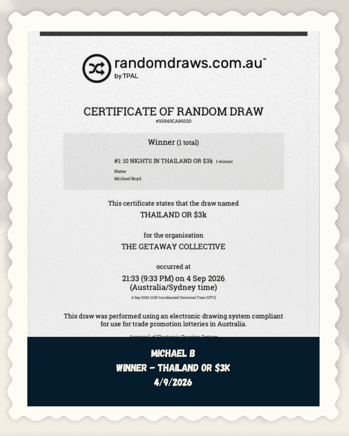 Michael B, verified winner