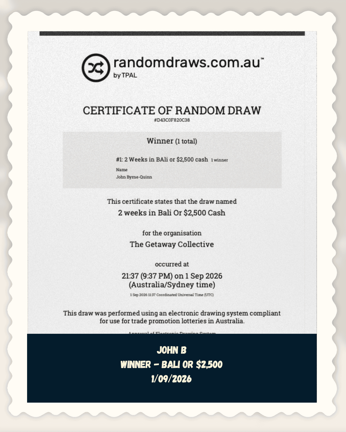 John B, verified winner