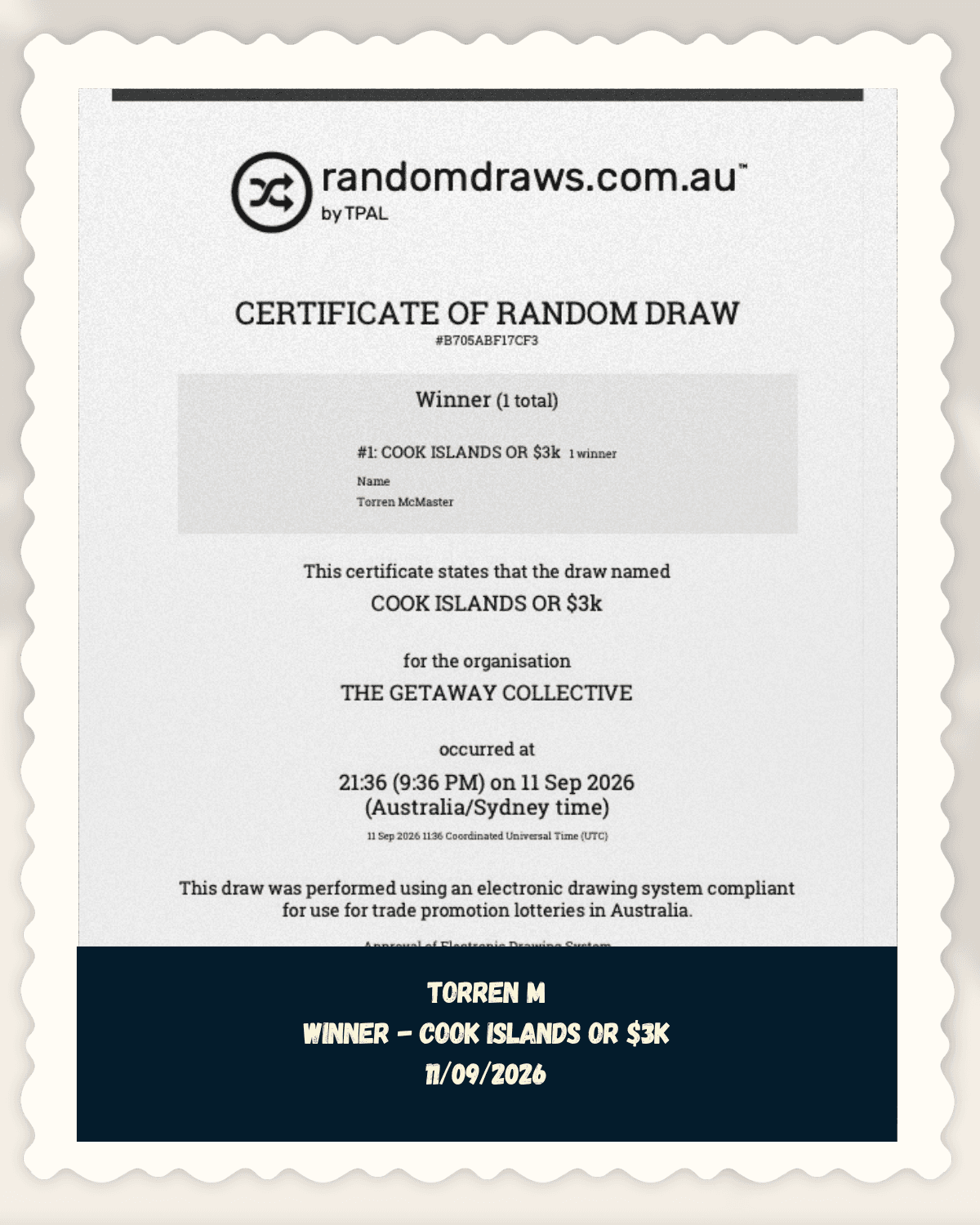 Torren M, verified winner