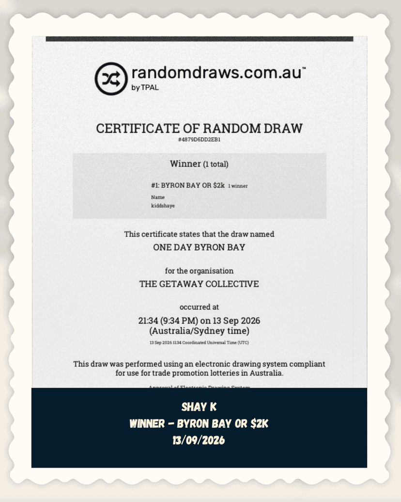 Shayy K, verified winner of Byron Bay Or $2k | 13/09/2026